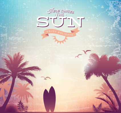 Retro surfing board and coconut tree poster vector materialflower