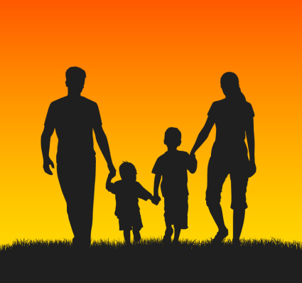Family of four sunset silhouette Vector
