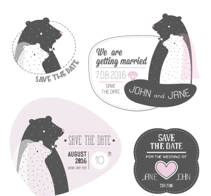 4 cartoon bear tag vector wedding