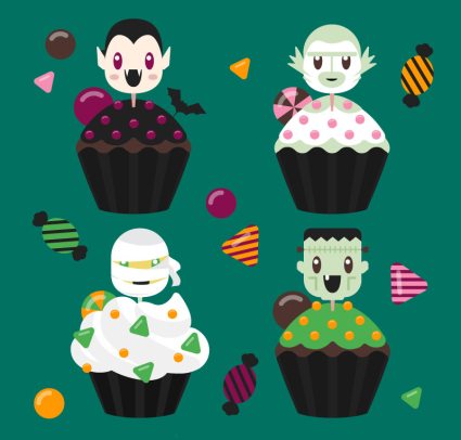4 playful Halloween cupcakes Vector