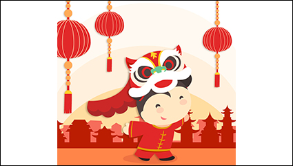 Chinese New Year lion dance little girl vector material