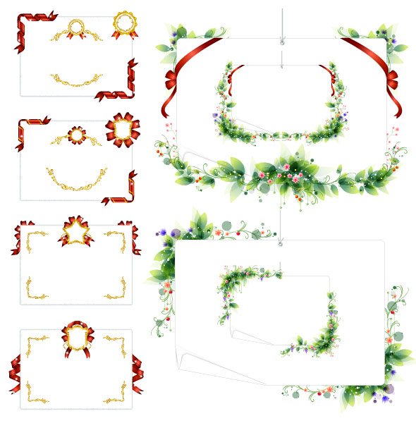 Borders, ribbons, medals, green leaf material 