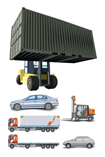 Cars, container trucks, lifting trucks, large cars, forklift vector 